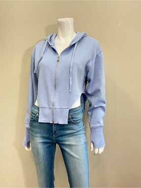 ZARA Cropped Hoodie Zip Up Pale Blue Cutout Sweatshirt Size M